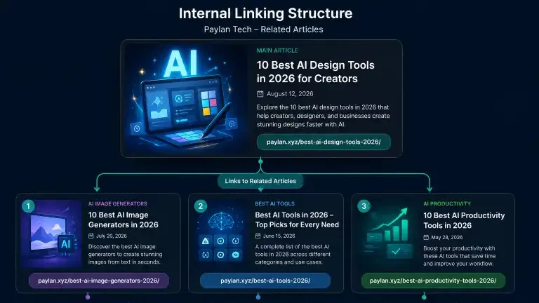 AI design tools internal linking structure showing 10 best AI design tools in 2026 and three related Paylan Tech articles